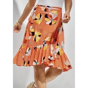 CAbi Polka Dot Floral Retro Pinup Ruffle Wrap Skirt #6199 Size XS Tangerine